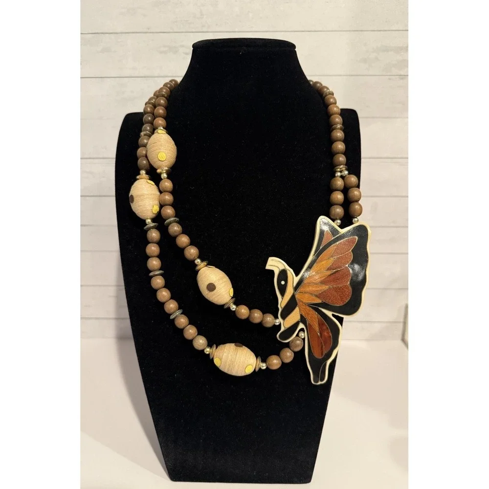 Vintage Wood Butterfly Statement Necklace Boho Artisan Inlay Beaded 17.5